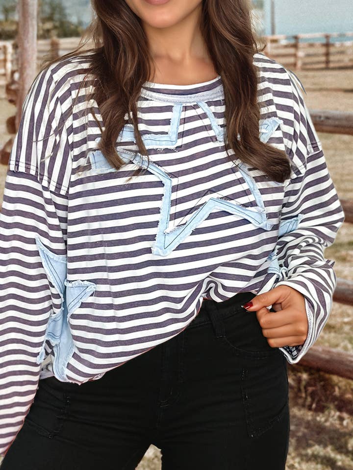 Fashion Stripe Starry Patch Drop Shoulder Raw Edge Knit Top for wholesale by fashionworks