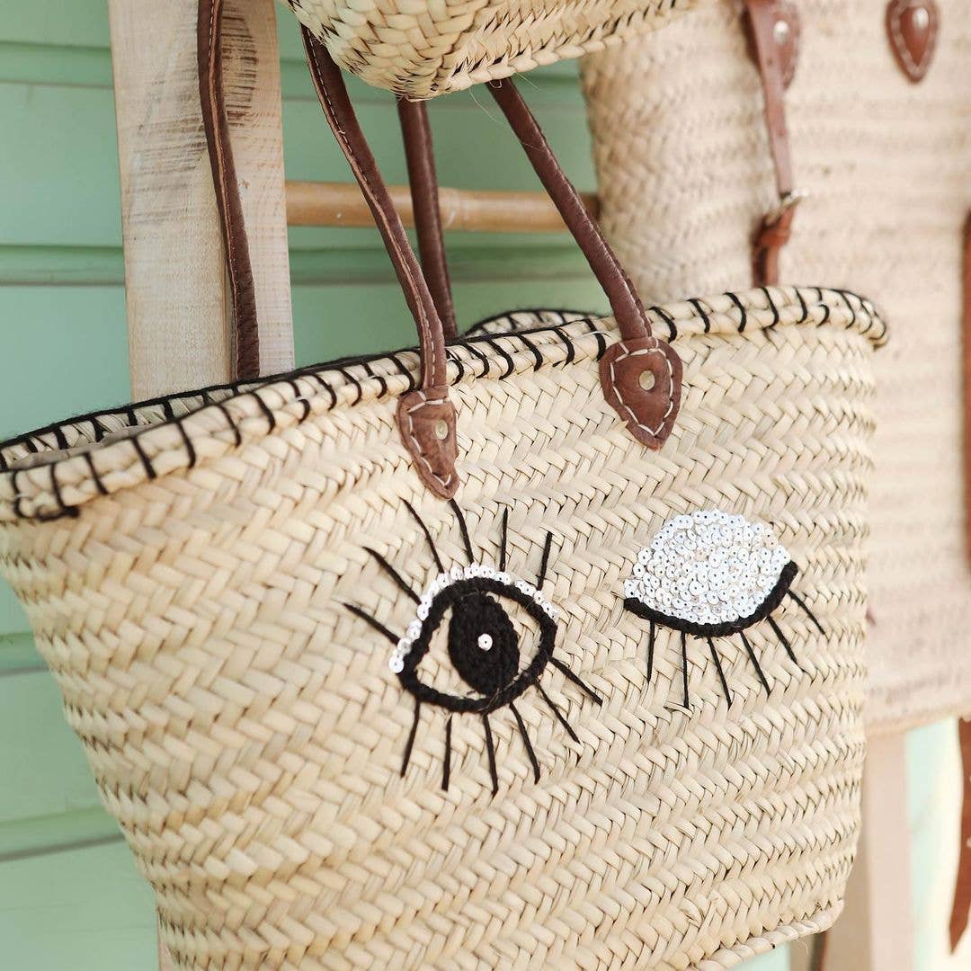 DarKech - Vente Sac de plage - Panier de marché en paille tressée avec poignées en cuir, personnalisé, style marché français6