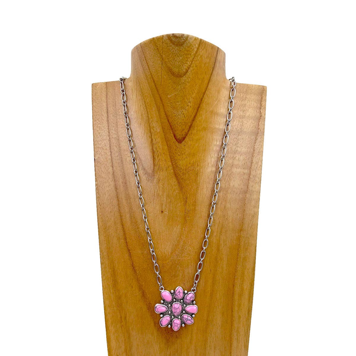 Western Elite Jewelry - Wholesale Pendant/Charm Necklace - NKY240125-02-GREEN                        21 inches silver metal chain with green turquoise stone flower concho pendent Necklace4