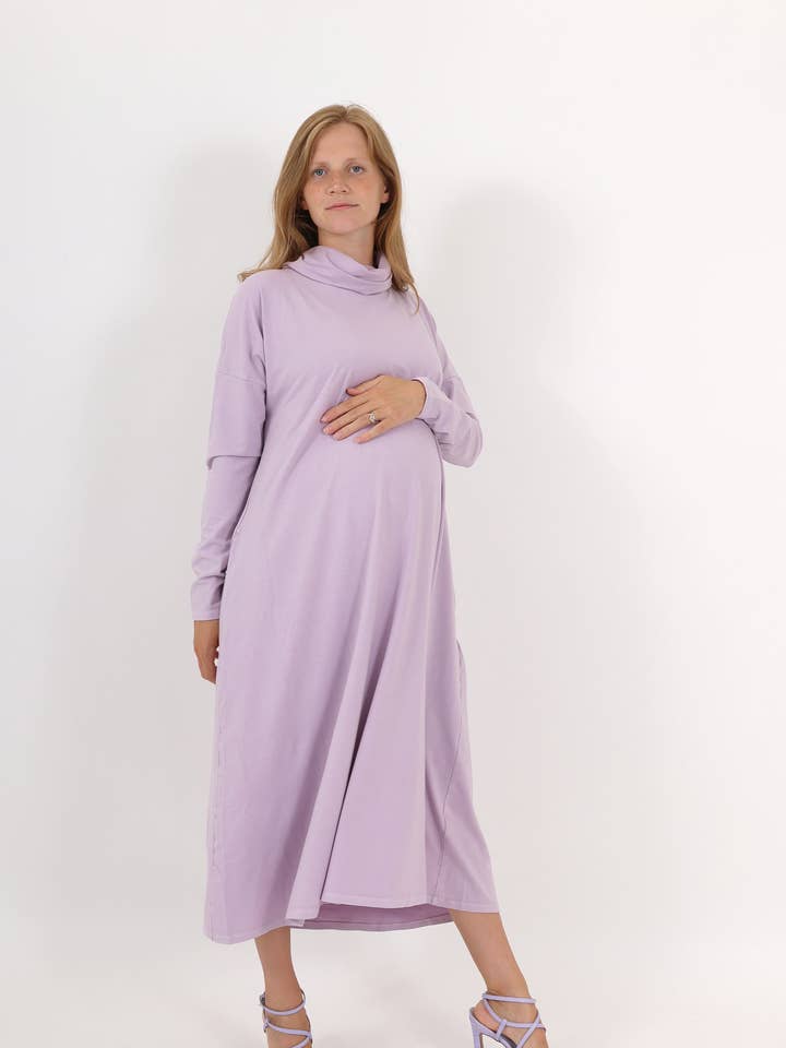 MEREDITH || COWL NECK LONG SLEEVE MATERNITY MIDI DRESS || LAVENDER FROST for wholesale by RASKANA