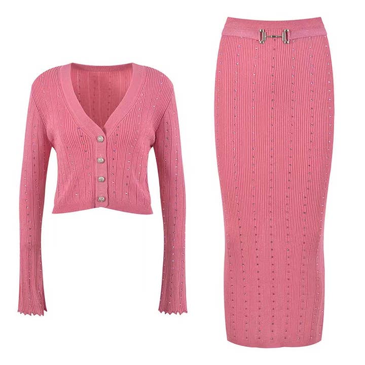 SET9-2Y Diamond V-Neck Sweater & Slit Skirt Set -Autumn Chic for wholesale by Productseeker