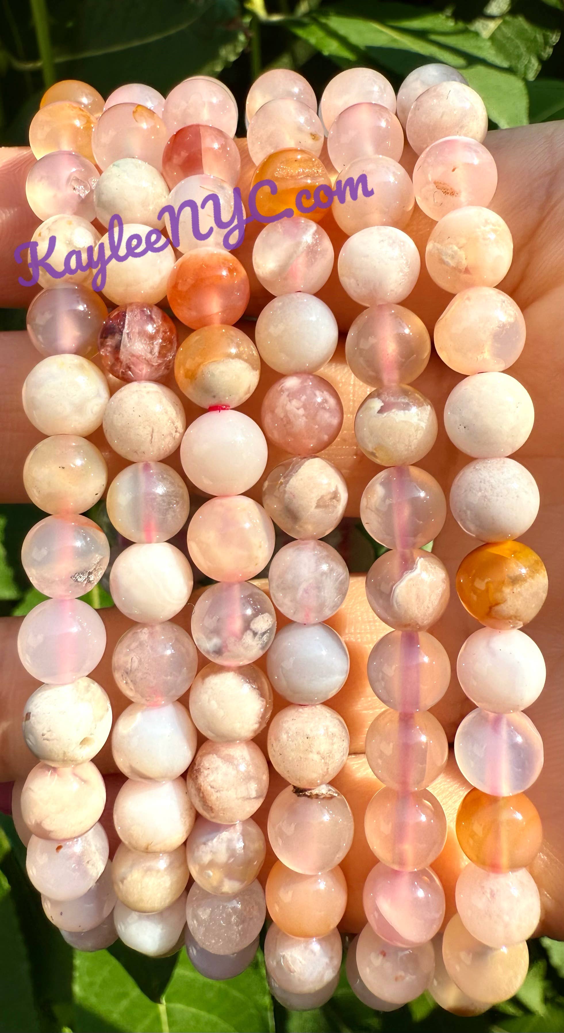 KayleeNYC - Wholesale Beaded Bracelet - Natural Flower Agate 6mm 7.5” Crystal Stretch Bracelet1