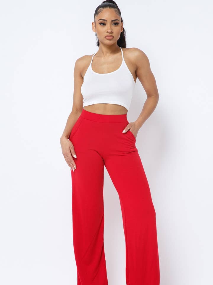 Boswell - Wholesale Pants - Women's - Solid Oversized Leg Pants With Side Pocket Detail0