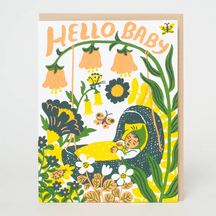 Hello Baby Bassinet (Yellow) Letterpress Greeting Card by Phoebe Wahl for wholesale by Egg Press Manufacturing
