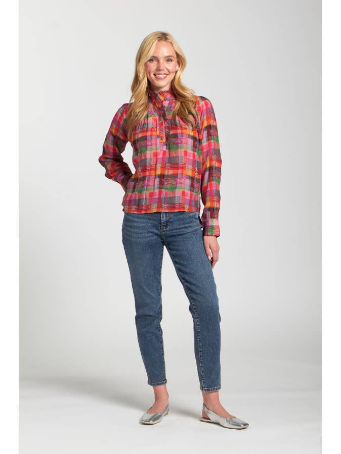 Ruffle Half Placket Blouse - Pink Multi for wholesale on Faire4