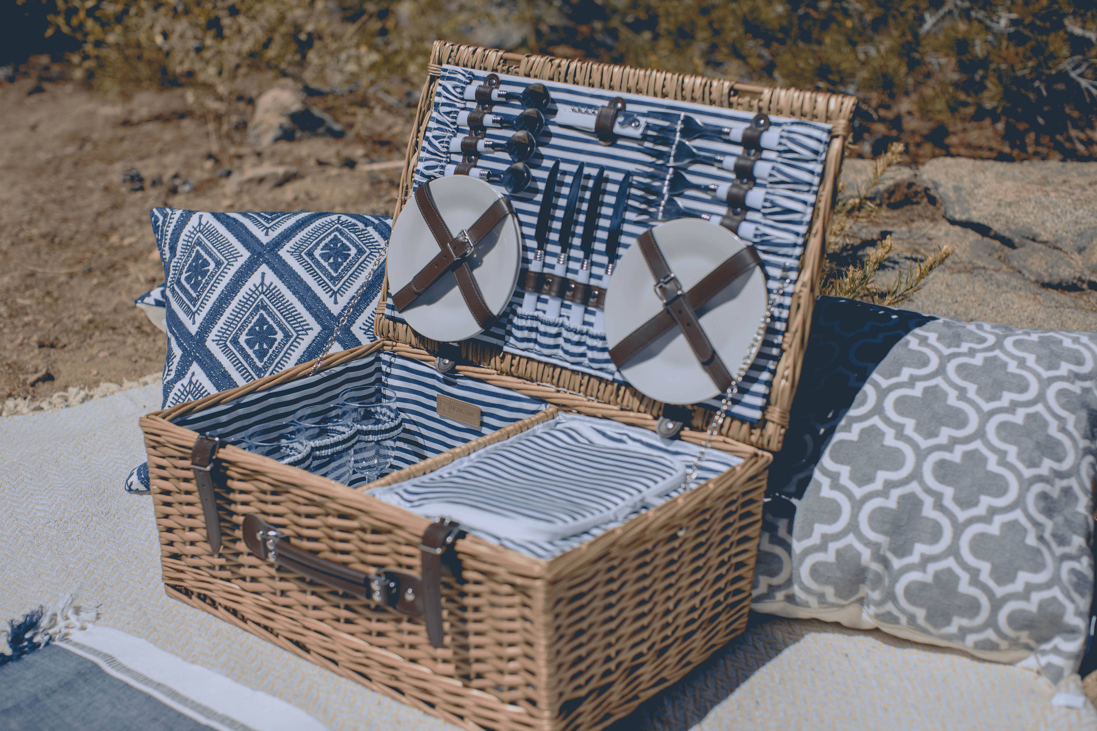 Belmont Picnic Basket, (Navy Blue & White Stripe) for wholesale on Faire2