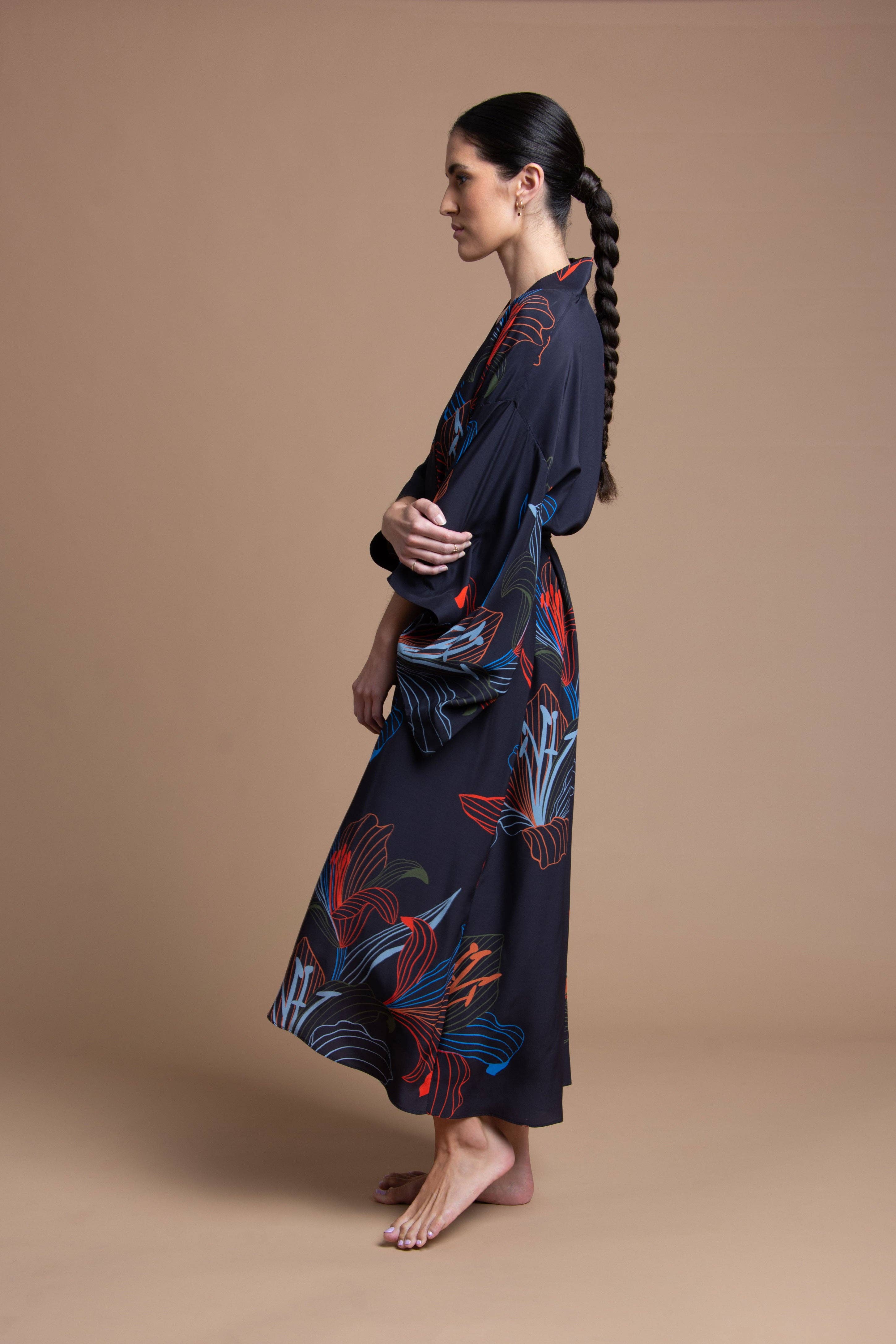 Kafka Simone - Wholesale Robe - Women's - YUKI SILK KIMONO ROBE - BLACK FLORAL PRINT6