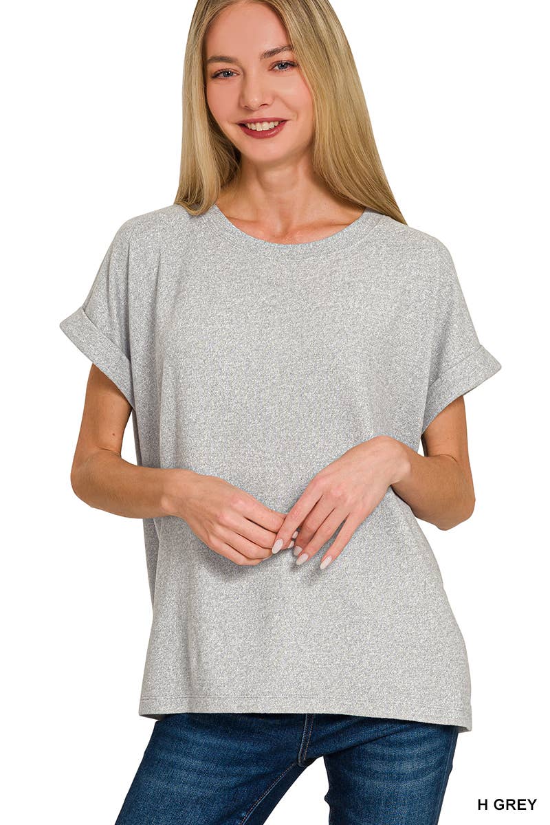 42POPS - Wholesale Knit Top - Women's - `.Soft Melange Folded Sleeve Round Neck Top13