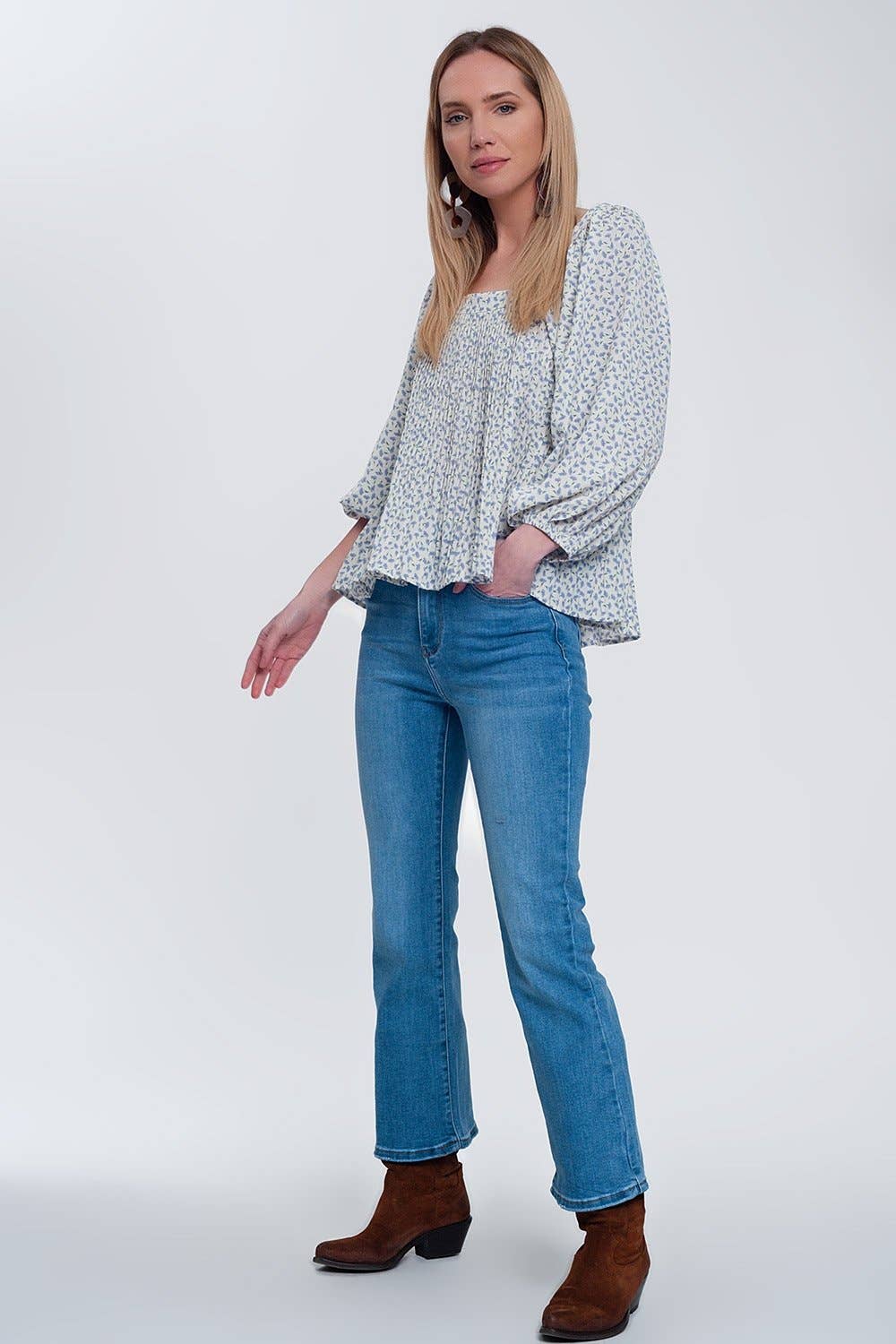 Azul Top manga puff con cuello cuadrado en estampado floral azul de venta al por mayor en Faire2