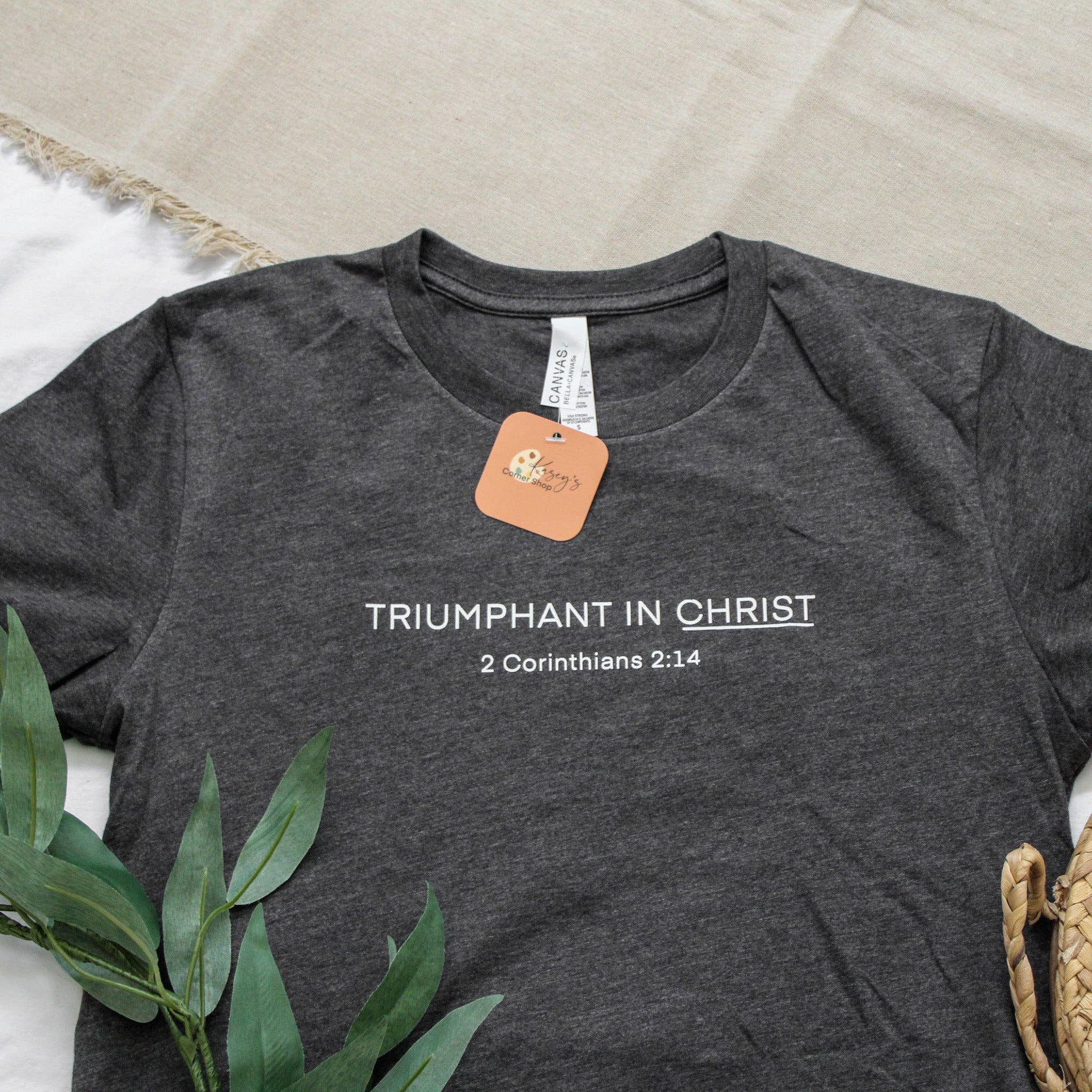 Common Grace Print Shop - Wholesale Screen Printed T-Shirt - Women's - Triumphant in Christ UNISEX Short-Sleeve T-Shirt (Color: Heathered Charcoal)0