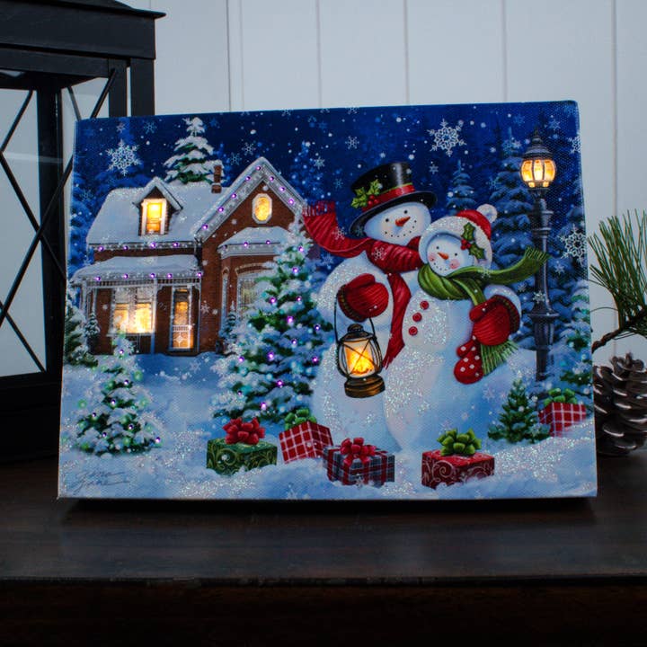 Snow Couple Cuddles 8x6 Lighted Tabletop Canvas for wholesale by Glow Decor