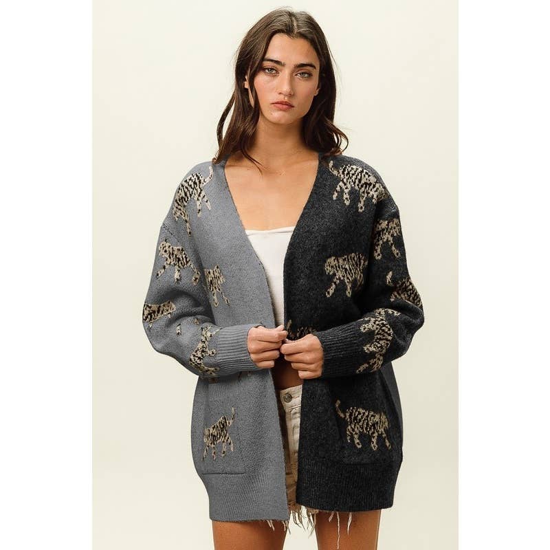 IVE - Vente Cardigan – femme - CARDIGAN À COL EN V À MOTIF TIGRE ET POCHES PLAQUÉES0