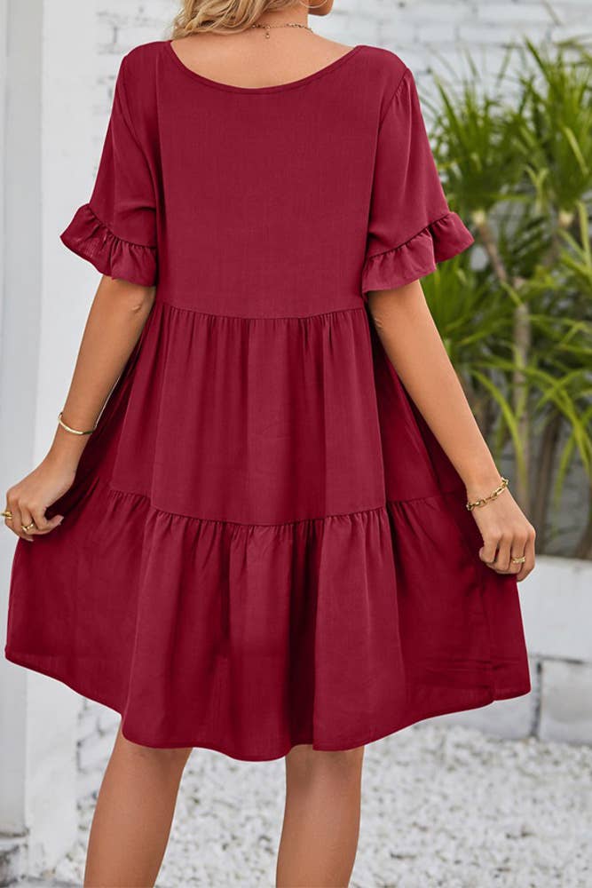 UNISHE - Vendita all'ingrosso Vestito - Donna - Abito A Balze Con Volant Con Scollo A V Semplice E Tasche MD03811