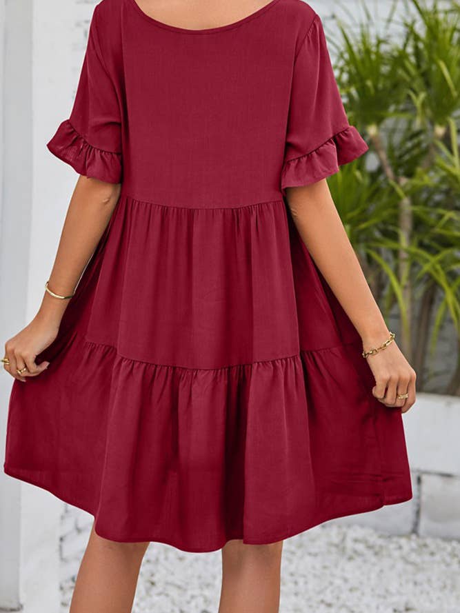 UNISHE - Vendita all'ingrosso Vestito - Donna - Abito A Balze Con Volant Con Scollo A V Semplice E Tasche MD03811