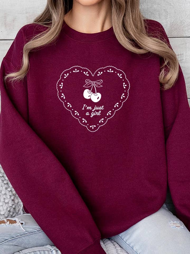 Sweatshirt Gráfico Coração de Cereja "I'm Just a Girl" por atacado de Pink Irene Wholesale