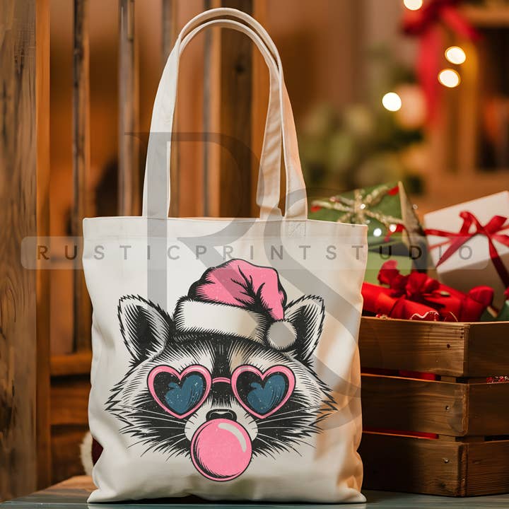 Kerstmis Draagtas Roze Kerstwasbeer Retro Vintage Draagtas voor wholesale door RusticPrintStudio