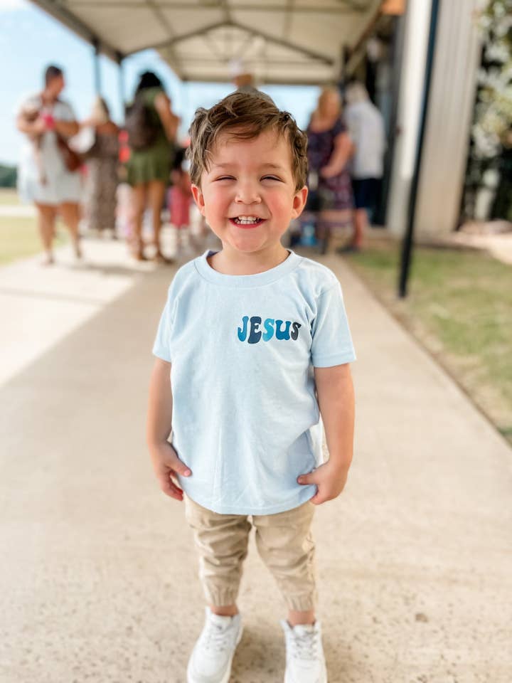 Salt + Salvation Threads - Wholesale Screen Printed T-Shirt - Kids - Jesus Has My Back - Blue Tee