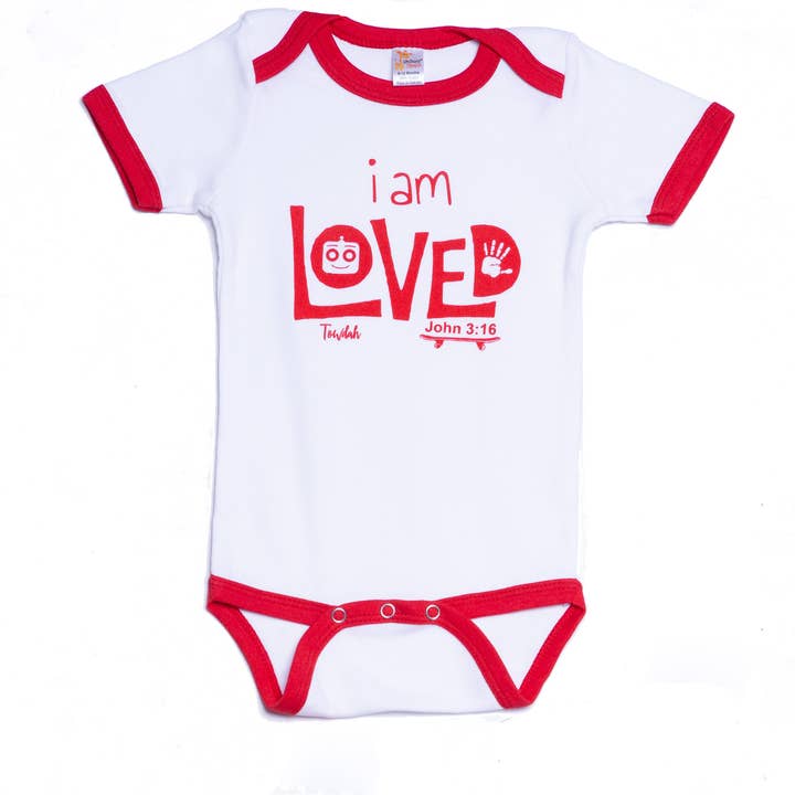 Cute Christian Red Ringer Baby Onesies for Boy or Girl -Loved John 3:16 Bible Verse - Short Sleeve for wholesale by Towdah