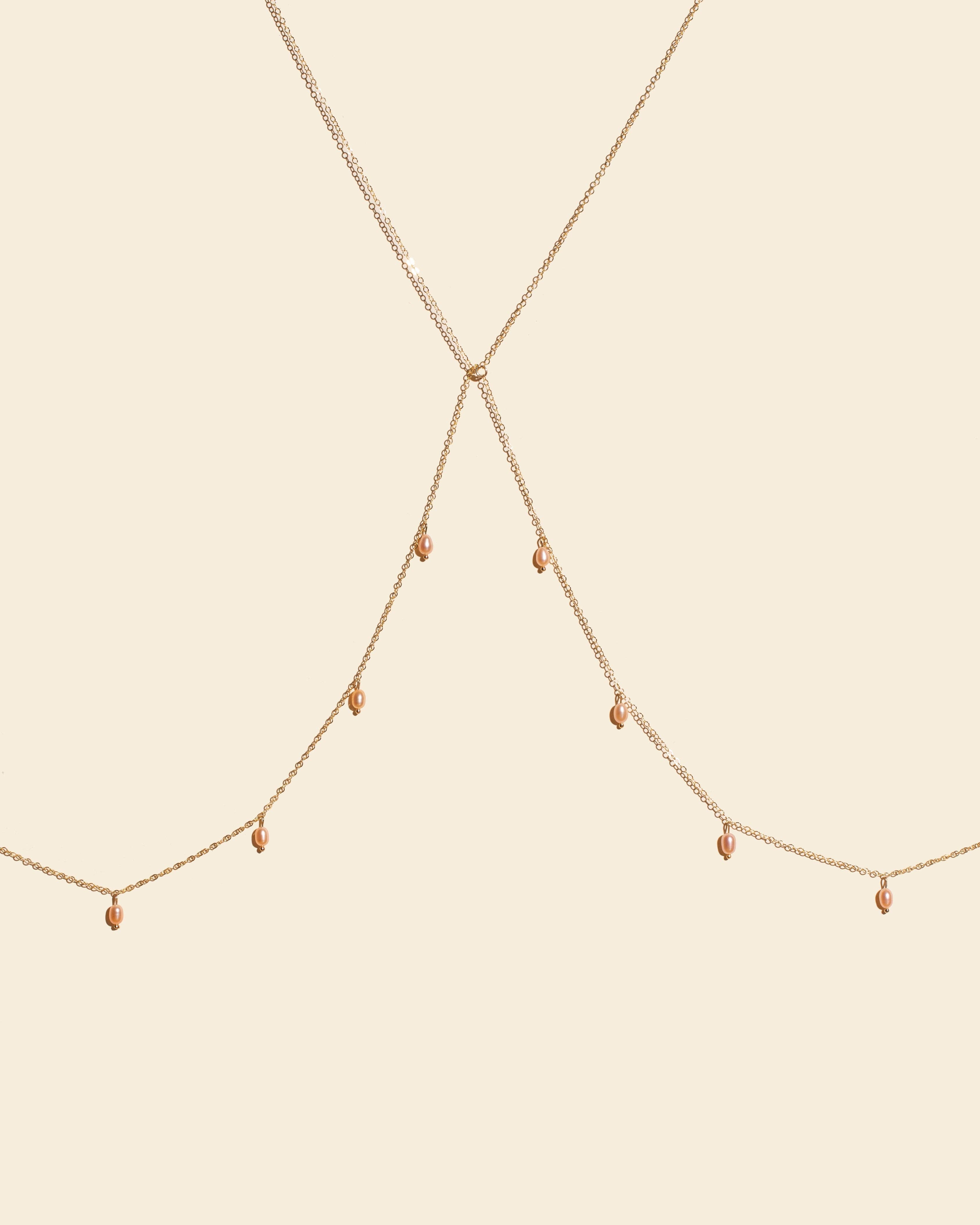 Apsara Jewels - Wholesale Face/Body Chain - Gold body chain - pink pearlescent beads1