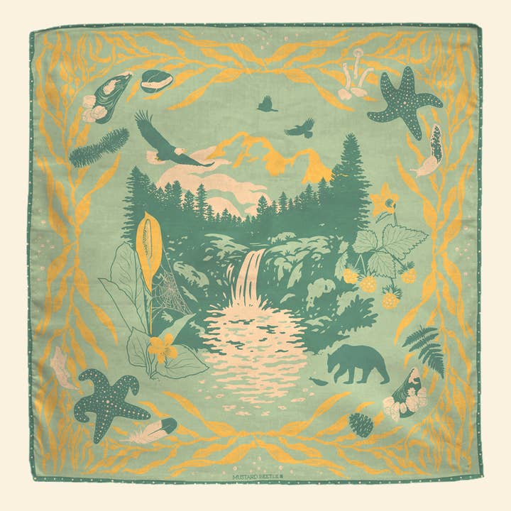 Organic Fair Trade Bandana: Pacific Northwest for wholesale by Mustard Beetle