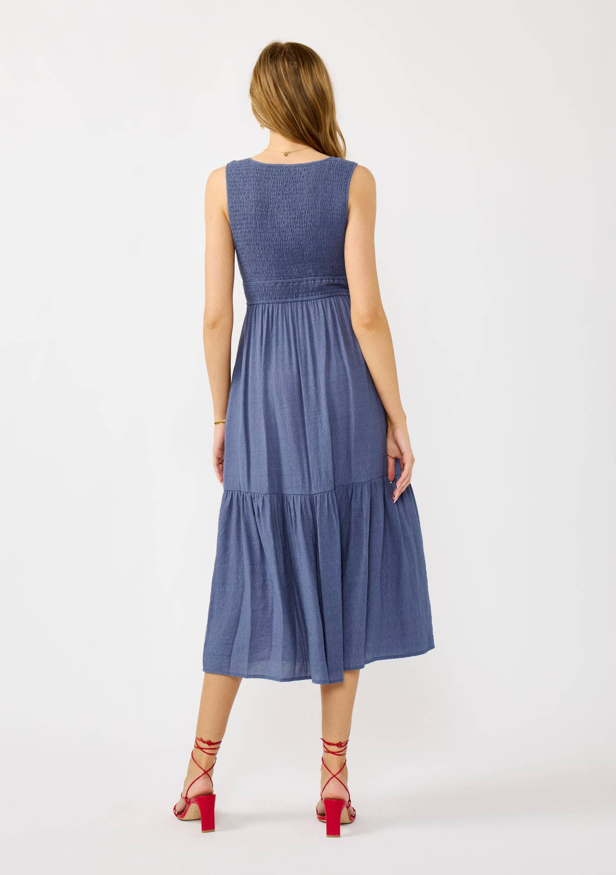 Slate Blue Flowy Tiered Midi Dress with Side Pockets for wholesale on Faire2