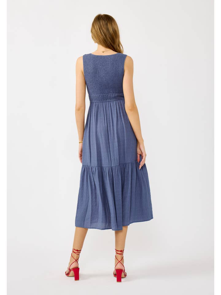Slate Blue Flowy Tiered Midi Dress with Side Pockets for wholesale on Faire2