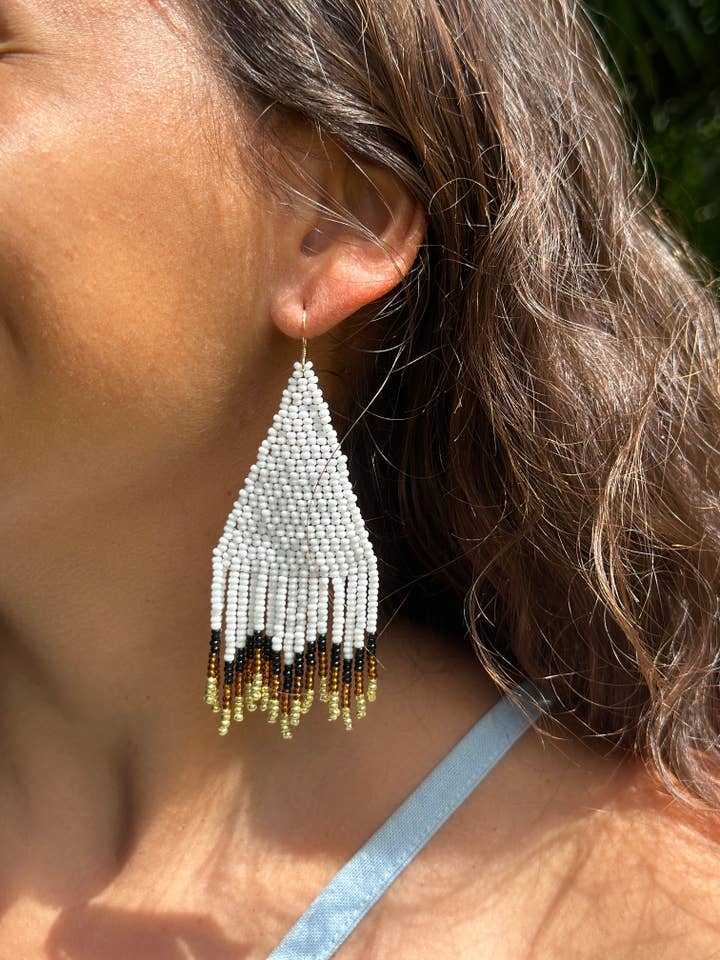 White geometric beaded dangle earring acorn amazing for wholesale by Con Cariño Design