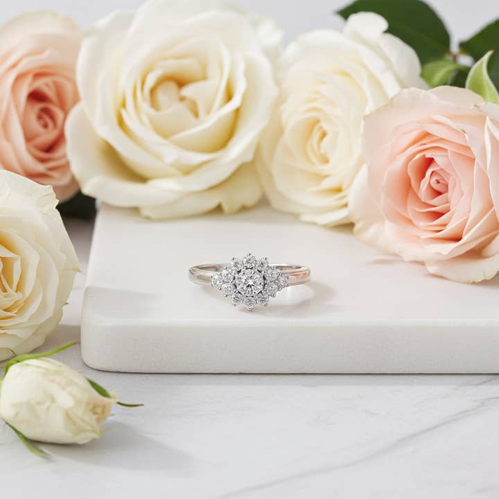 King Of Bling's1.00ct Cubic Zirconia Sterling White Silver Flower Engagement Womens Ring Size 7 for wholesale by KING OF BLINGS