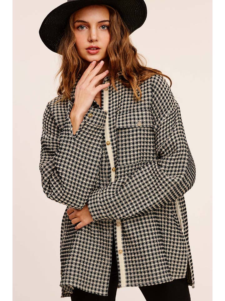 La Miel - Wholesale Shirt Jacket/Shacket - Women’s - JKT1793-Unique Waffle Textured Oversized Button Down Shacket3