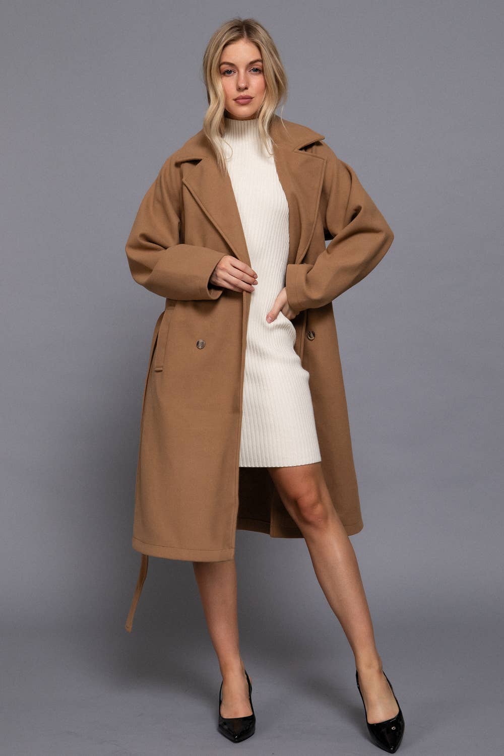 Active Basic | Active USA - Wholesale Trench Coat - Women's - Long Sleeve Double Breasted Button Soft Felt Trench Coat4