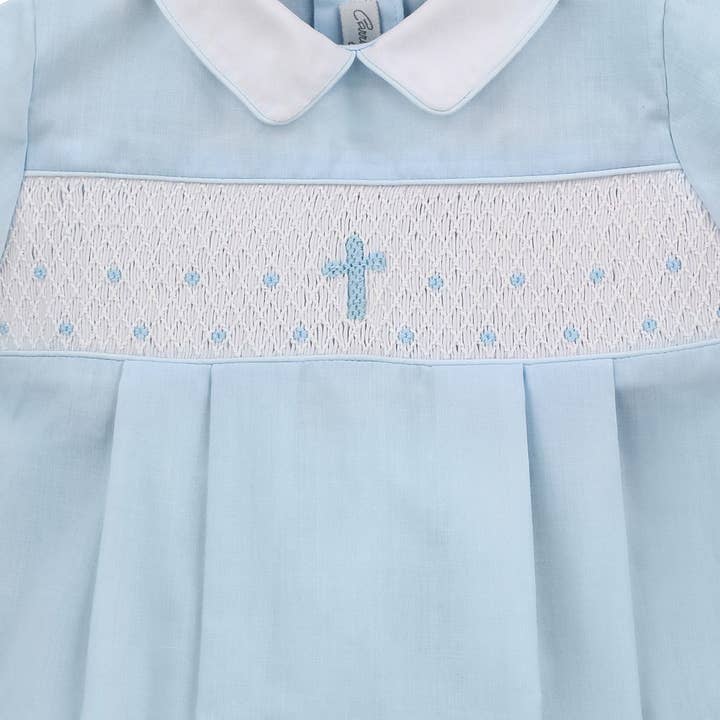 Julius Berger & Carriage Boutique - Wholesale Clothing Set - Baby - Baby Boy Hand Smocked Christening Baptism Blue Cross Romper1