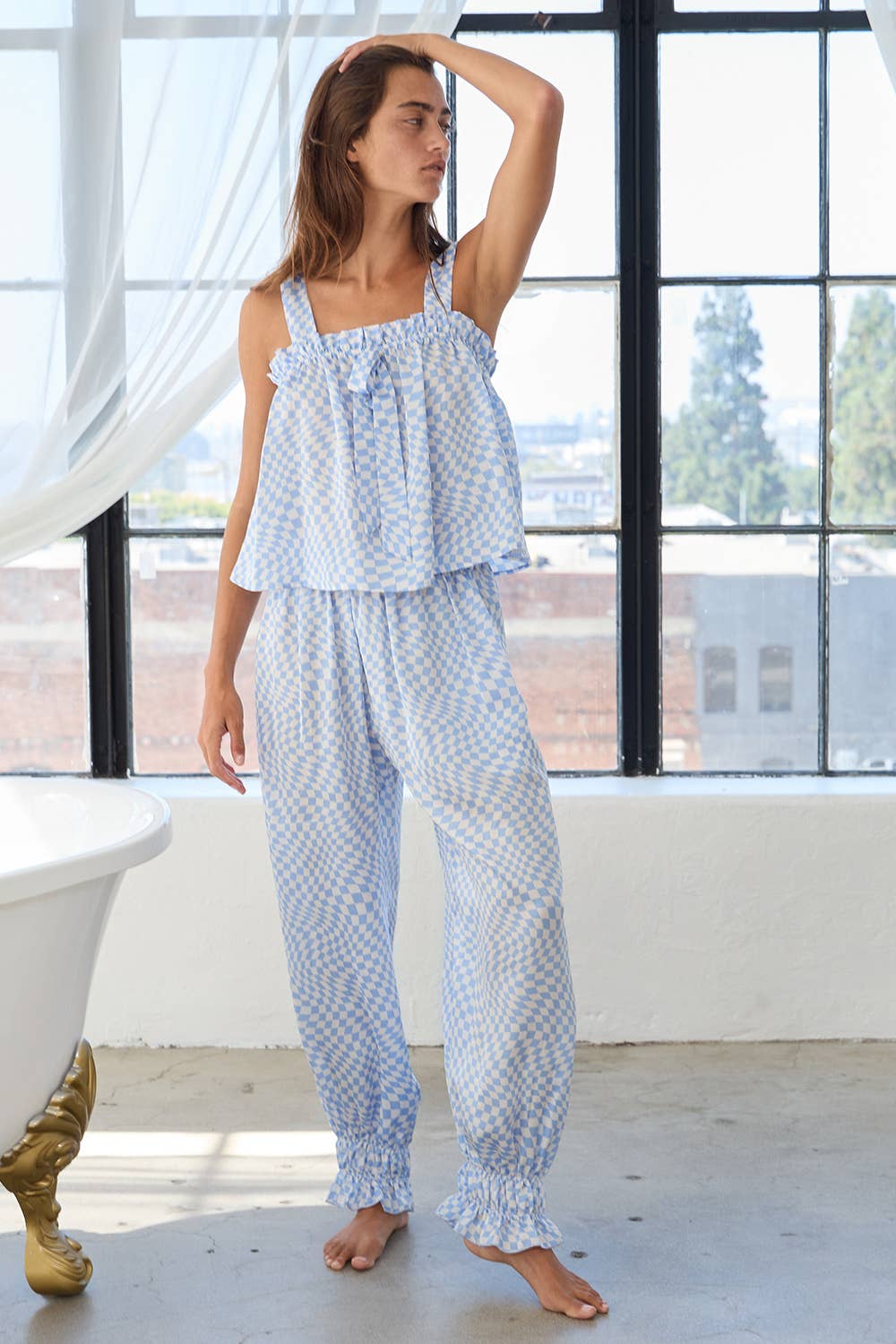 Blue T2427-SET Checker Geometric Ruffled Pajama Tank & Pants Sets for wholesale on Faire3
