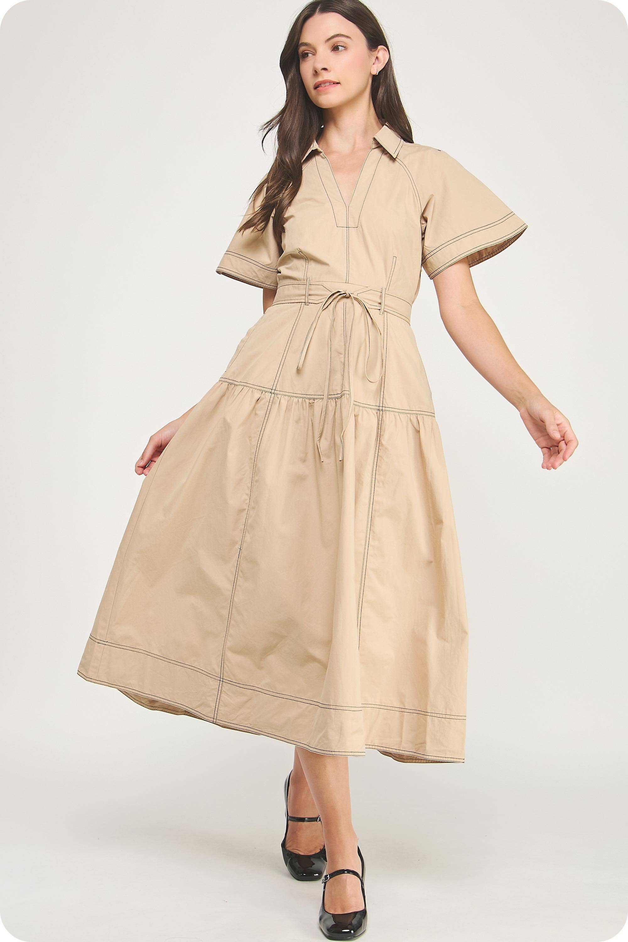 Strut & Bolt - Vente Robe – femme - Robe midi en popeline à col surpiqué16