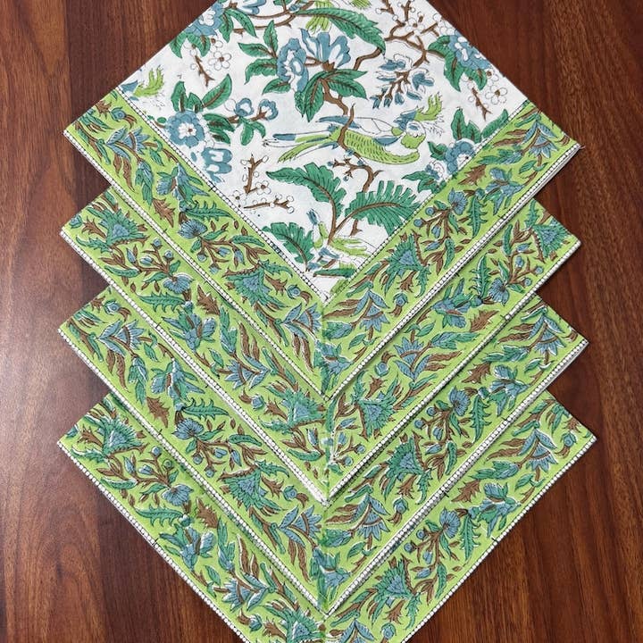 Sage and Olive Border Napkin Indian Floral Hand Block Print for wholesale by Fabricrush