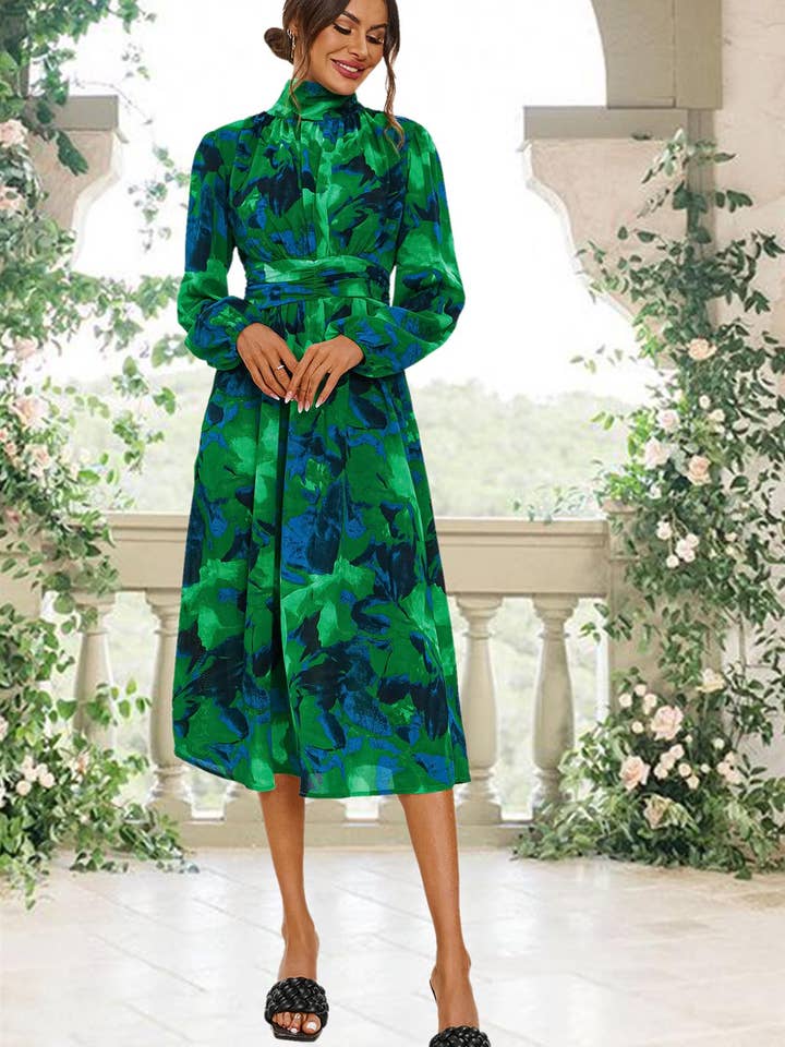 Abstract Floral Print Long Sleeve Midi Dress In Green for wholesale on Faire5