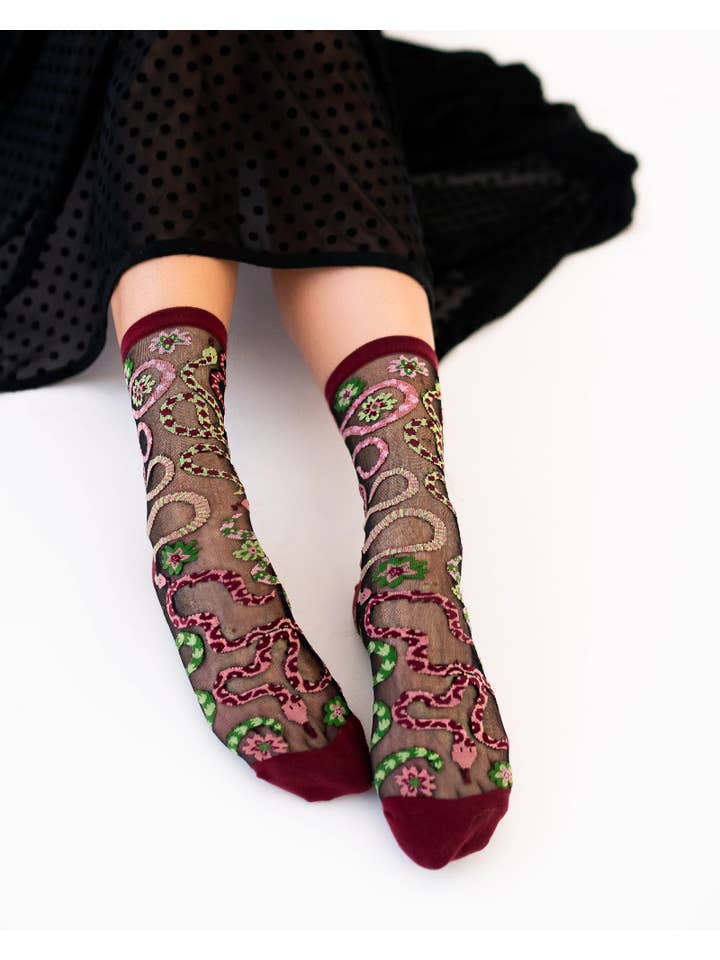 Sock Candy - Wholesale Socks - Women's - Serpentine Floral Black Sheer Crew Sock4
