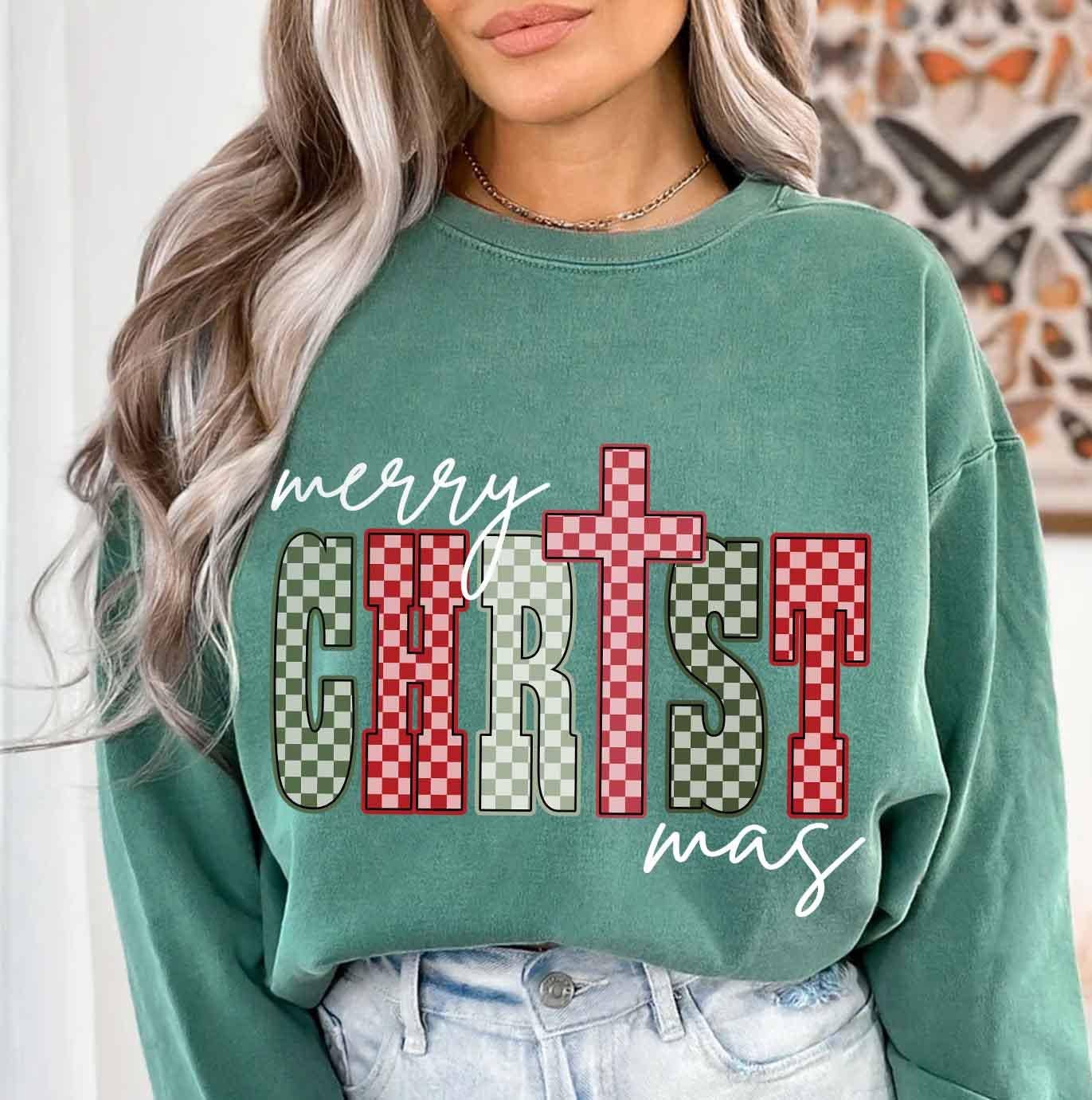 NVC Ecommerce LLC - Wholesale T-Shirt (Graphic) - Women's - Merry Christmas Cross Shirt, Preppy Christmas Sweatshirt0