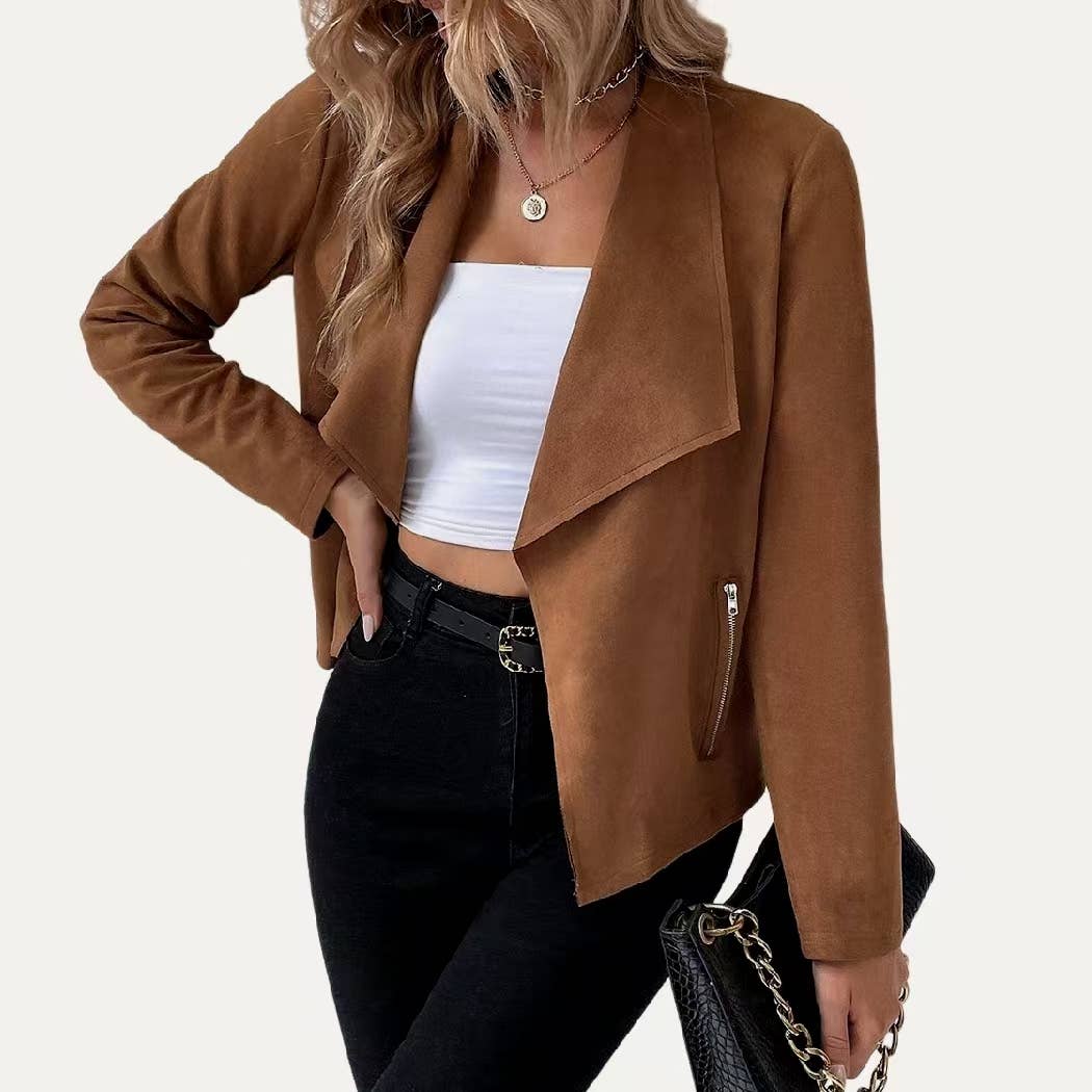 The Moment Collection - Wholesale Jacket - Women's - Stylish Collared Vegan Suede Long Sleeve Jacket2