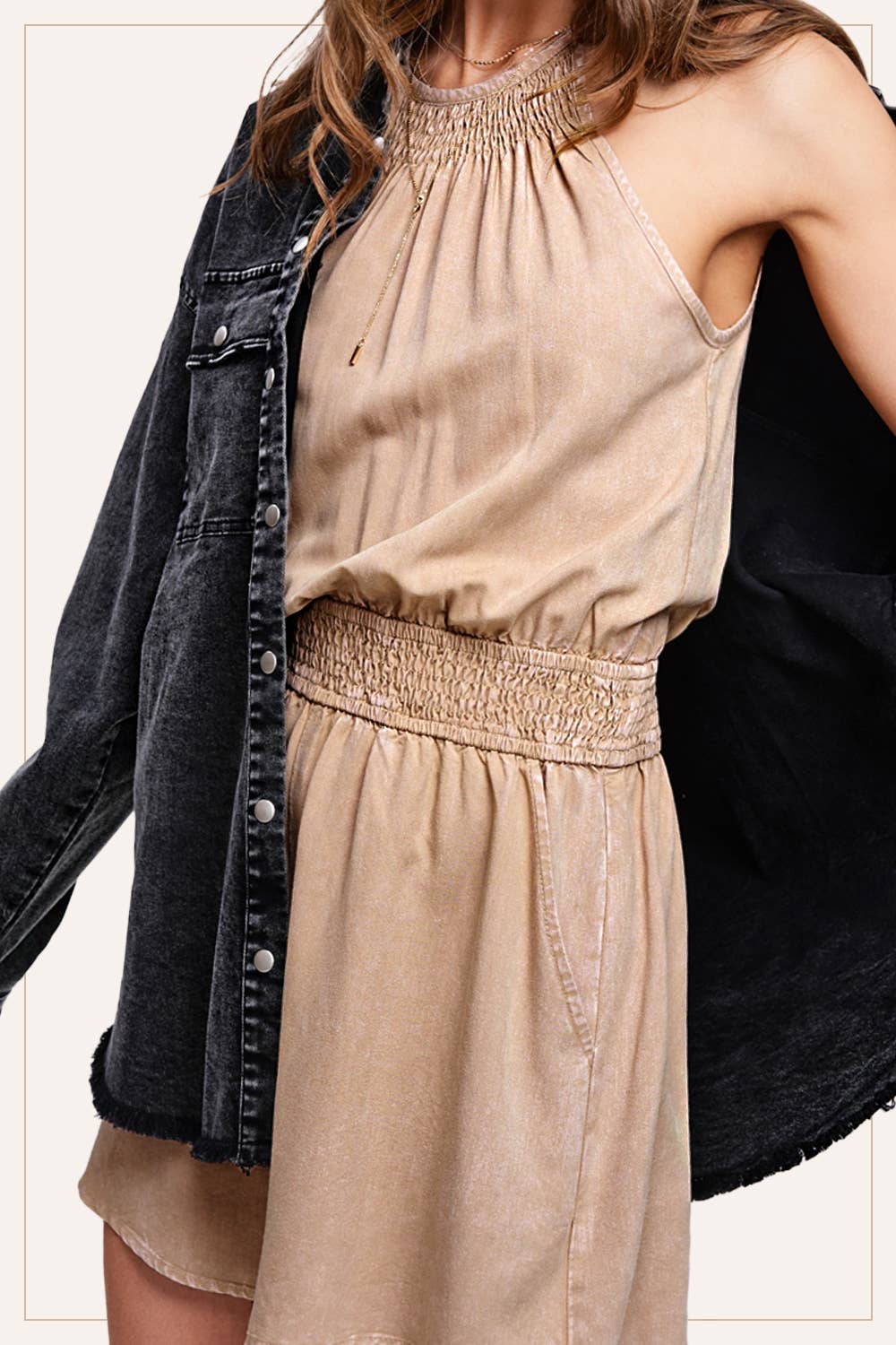 La Miel - Wholesale Romper - Women's - HCD9313-Mineral Washed Sleeveless Mini Romper with Pocket14