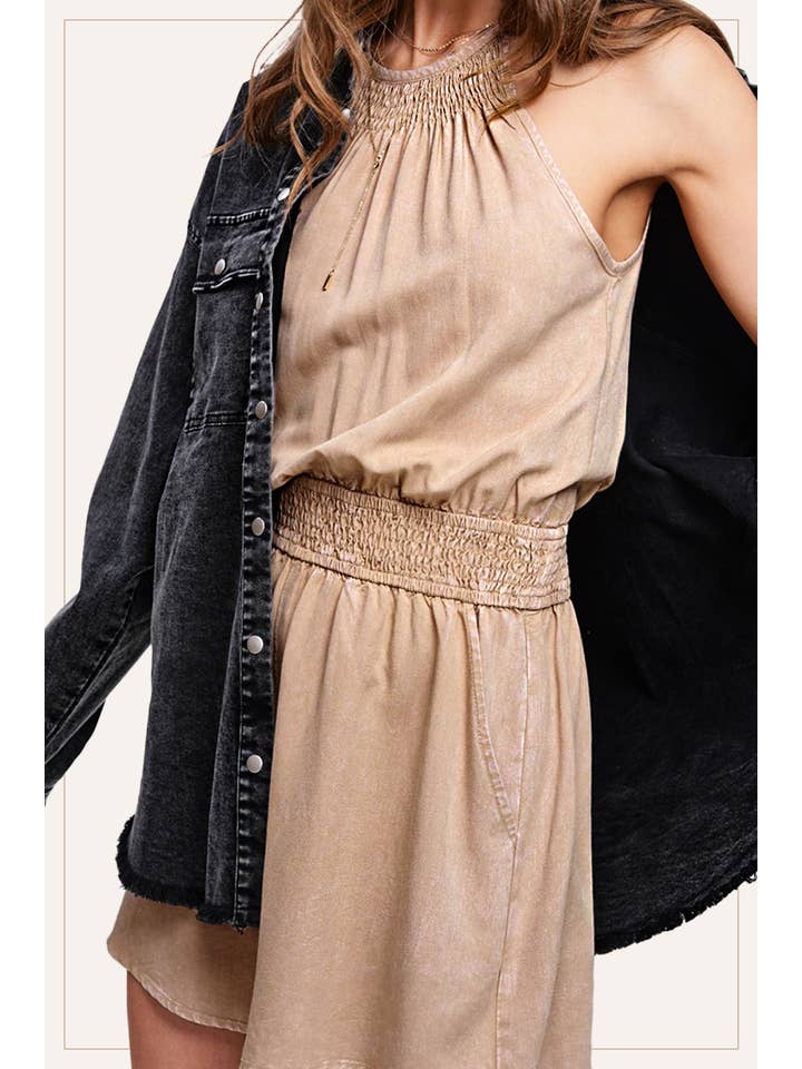 La Miel - Wholesale Romper - Women's - HCD9313-Mineral Washed Sleeveless Mini Romper with Pocket14