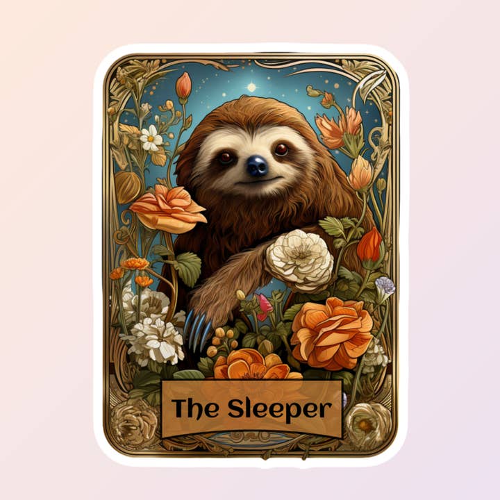 Funny Sloth Tarot Card Stickers, The Sleeper, Sloth Stickers for wholesale by Sorry Not Sorry Co