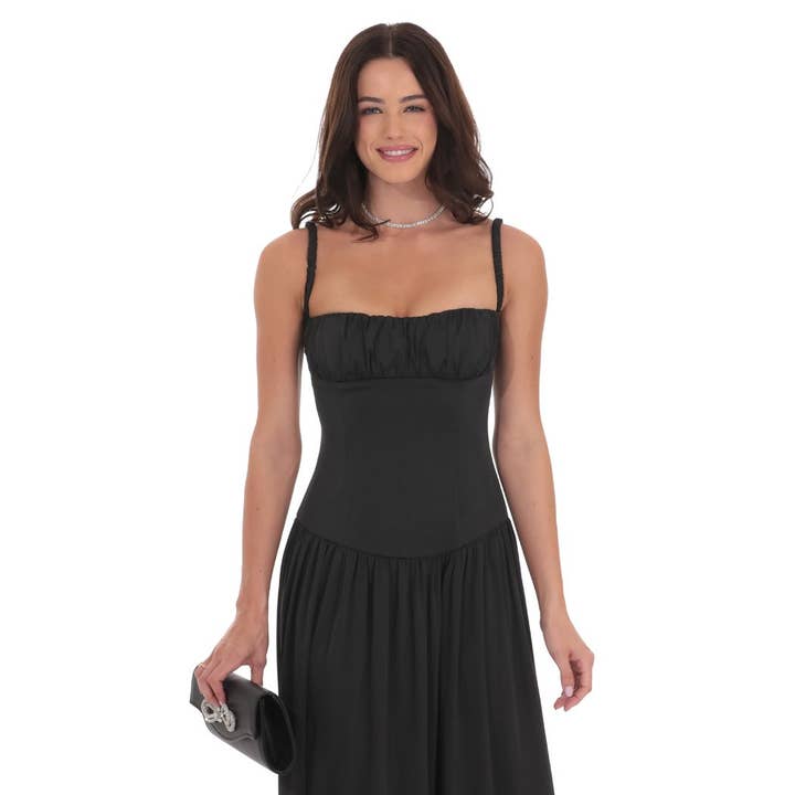 Lucy In The Sky - Wholesale Dress - Women's - Satin Ruched Bust Maxi Dress in Black