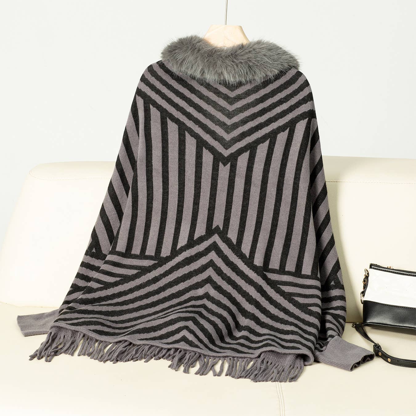 Rosa Clothing - Wholesale Cape - Women's - Stylish Striped Tassel Knitted Shawl Cape5