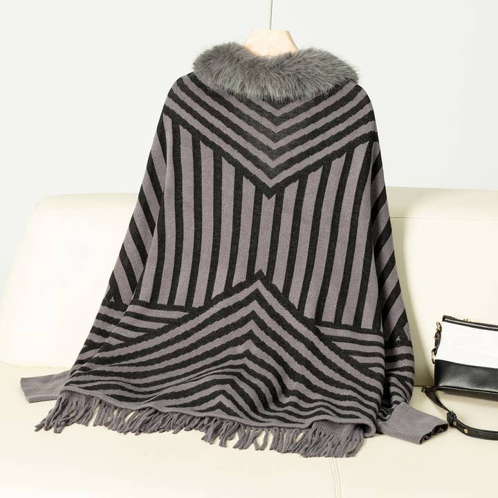 Rosa Clothing - Wholesale Cape - Women's - Stylish Striped Tassel Knitted Shawl Cape7