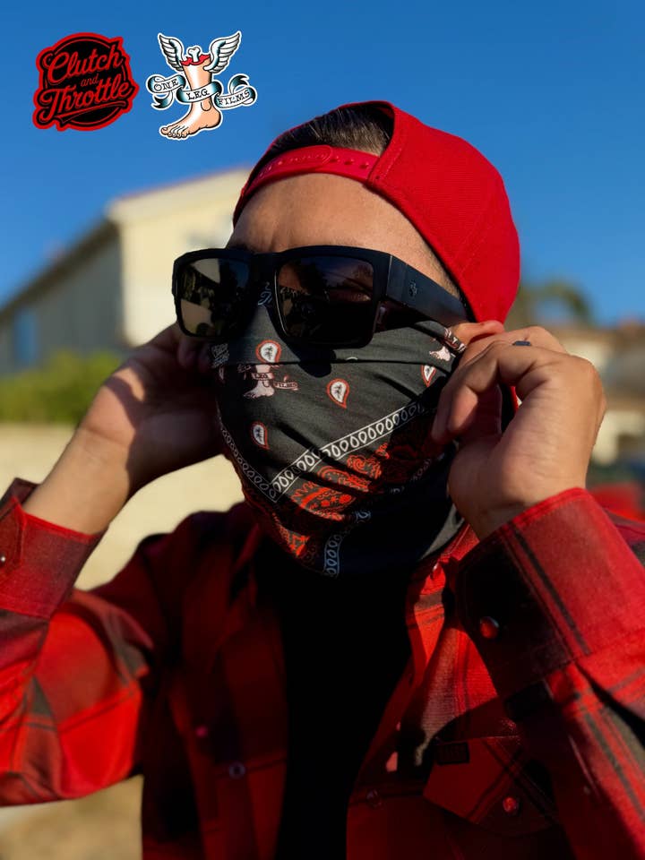 One Leg Films Paisley Neck Gaiter (Black/Red) for wholesale by One Leg Films