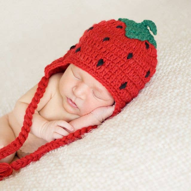 Strawberry Ear Flap Crocheted Handmade Heirloom Gift Hat for wholesale by The Daisy Baby LLC