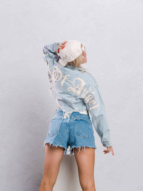 Trio Urban - Vente Veste en jean – femme - Veste en jean court à imprimé crème City of Angels16