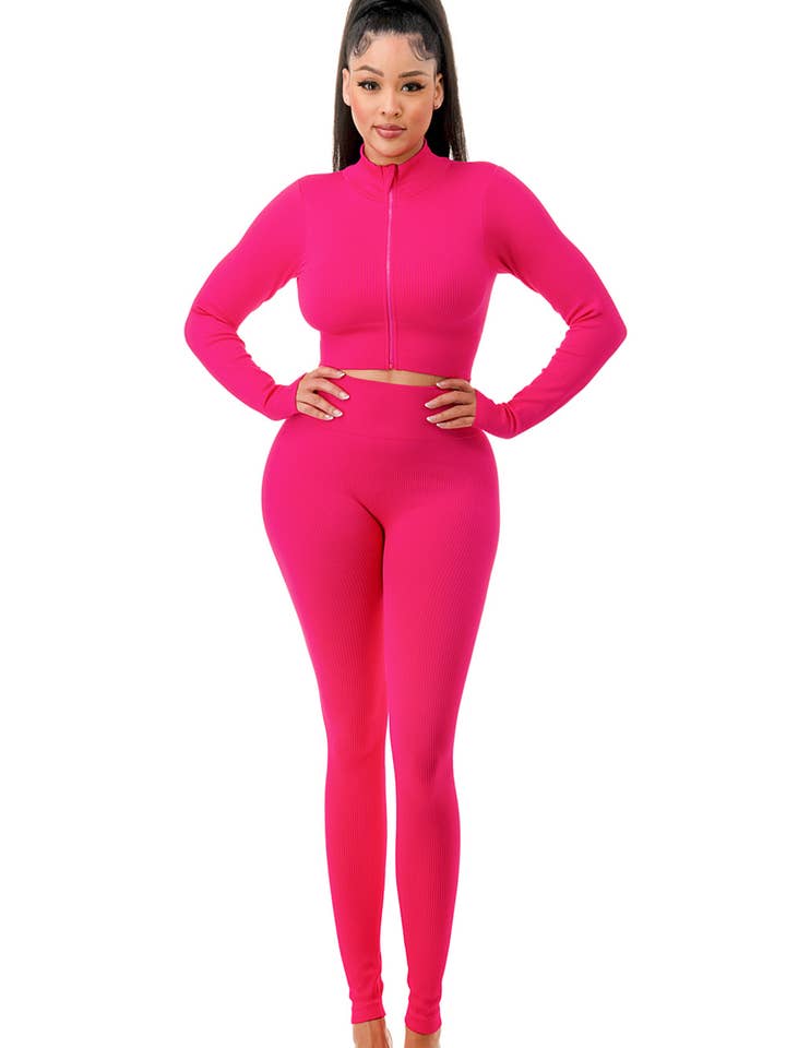 MIO WHOLESALE - Wholesale Top & Pant Set (NOT Loungewear) - Women's - JA60SET SOLID RIB ZIP-UP FRONT CROP JACKET SET1