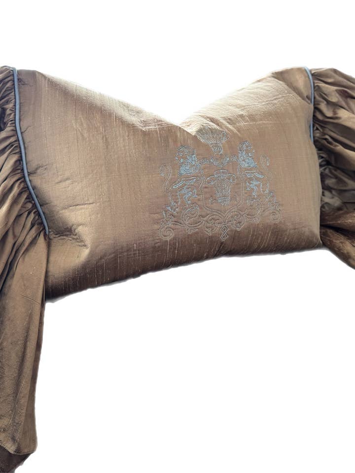 Silk Dupioni Heraldic Ruffle Pillow for wholesale by Morgan Sartain Home