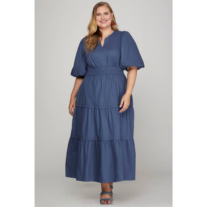 Curve Market - Wholesale Dress - Women's - PLUS SIZE POPLIN V NECK BALLOON SLEEVE WITH POCKETS TIERED M6